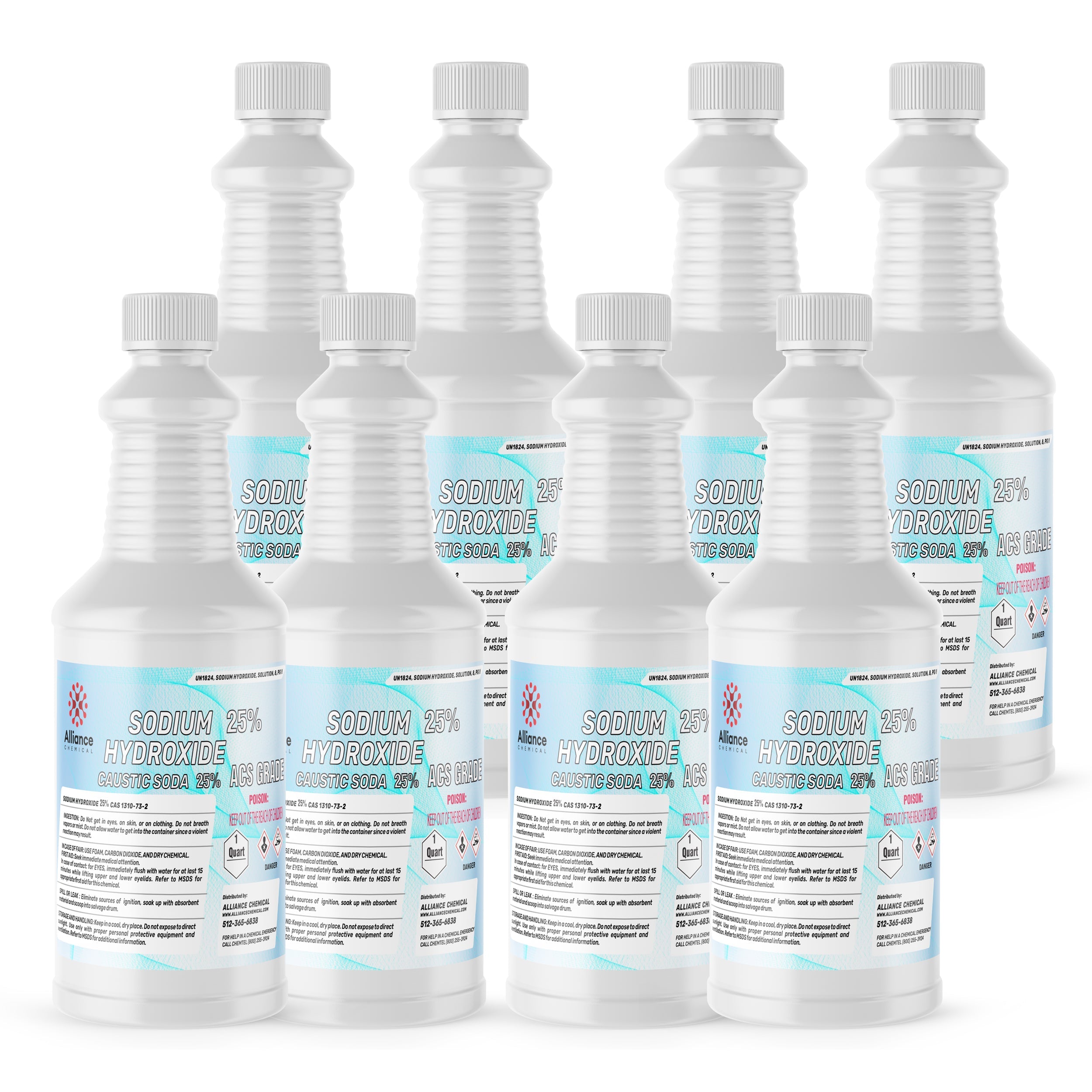 1-quart bottles of 25% Sodium Hydroxide (Caustic Soda) ACS grade, white HDPE containers with blue labels, hazard warnings, corrosive symbol.